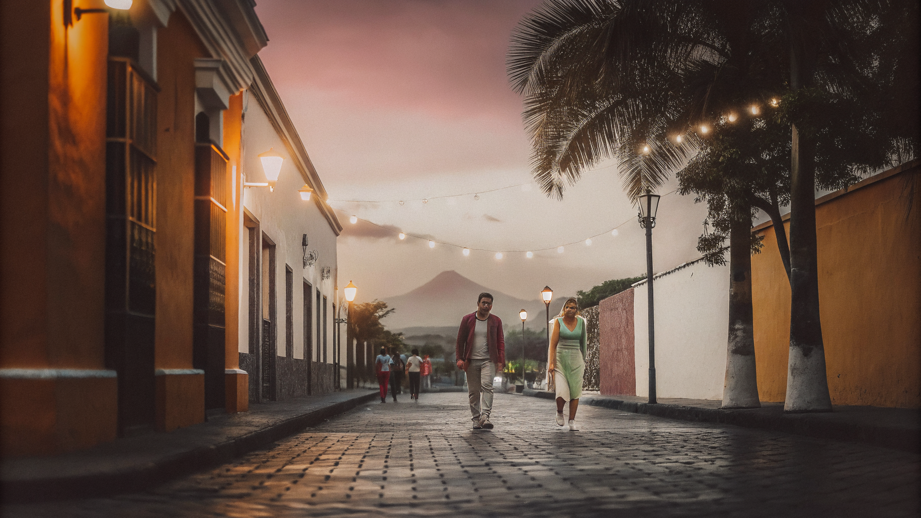 A colonial street in El Salvador at dusk, string lights strung overhead and a volcano beyond