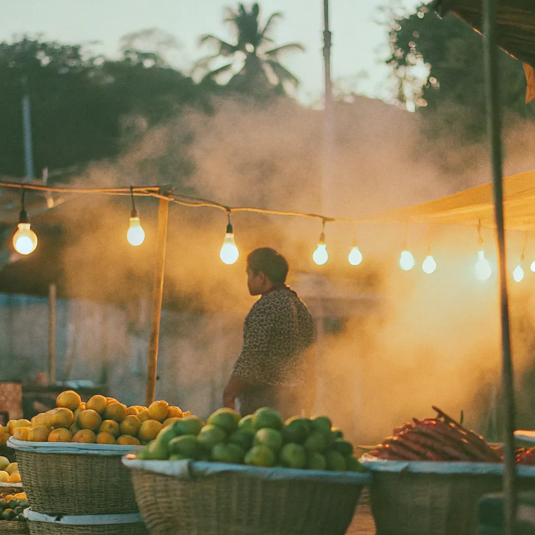 A Salvadoran market at dusk under hanging bulbs